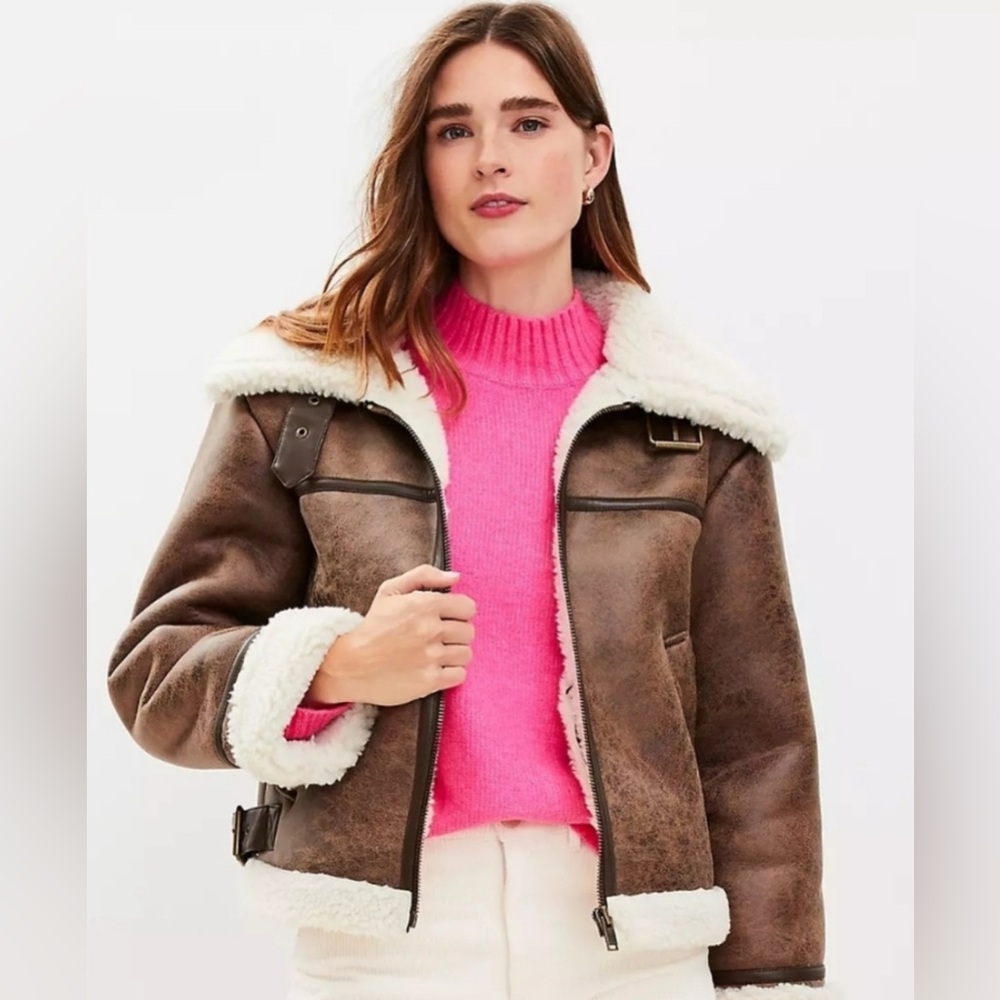 NWT! LOFT Crackle Faux Suede Sherpa Aviator Jacket
